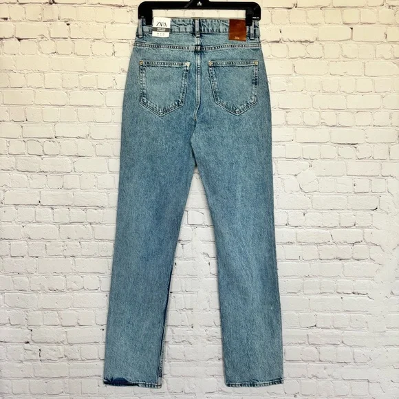 ZARA High Rise Full Length Straight Leg Blue Jeans--6 - Picture 4 of 16